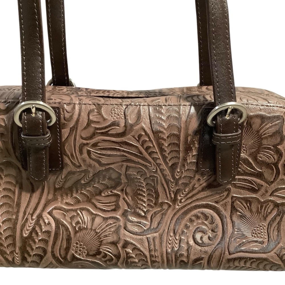 Valerie Stevens Vtg Genuine Leather Tooling Around Brown Embossed Handbag Rare - Picture 6 of 12